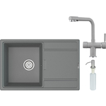 Кухонная мойка и смеситель Point Лаура 78 с дозатором, серая (PN3005AL, PN3104AL, PN3201AL)