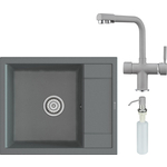 Кухонная мойка и смеситель Point Римо 60 с дозатором, серая (PN3010AL, PN3104AL, PN3201AL)