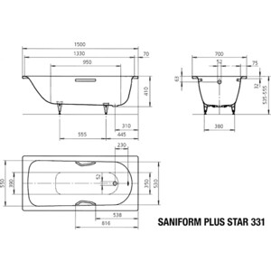 Ванна стальная Kaldewei Saniform Plus Star 331 Easy-Clean 150х70 см, с отверстиями для ручек (133100013001)