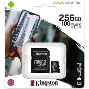 Карта памяти Kingston microSDXC 256Gb Canvas Select Plus (class 10/UHS-I/U1/100MB/s/SD- адаптер)