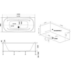 Акриловая ванна BAS Мале 180х80 с каркасом, с каркасом, фронтальная панель (В 00125, Э 00125)