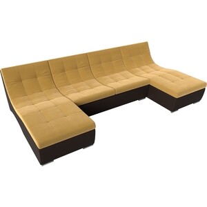 АртМебель П-образный модульный диван Монреаль микровельвет желтый экокожа коричневый