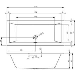 Акриловая ванна Riho Rething Cubic Fall 170x75 заполнение через перелив (B105013005)