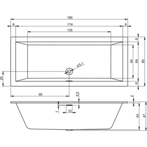 Акриловая ванна Riho Rething Cubic Fall 190x80 с ножками, заполнение через перелив (B108013005, 207093)