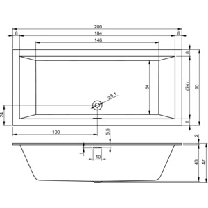 Акриловая ванна Riho Rething Cubic Fall 200x90 заполнение через перелив (B110013005)