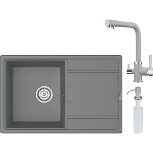 Кухонная мойка и смеситель Point Лаура 78 с дозатором, серая (PN3005AL, PN3103AL, PN3201AL)