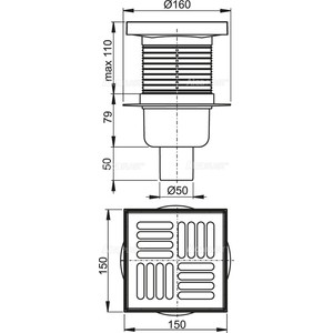 Душевой трап AlcaPlast 150х150/50 подводка прямая, нержавеющая сталь, гидрозатвор мокрый (APV6411)