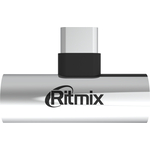 Адаптер Ritmix RCC-034 Silver type c male- type c usb - aux female, Для подключения наушников с Jack 3.5 мм к мобильным телефонам с USB-C