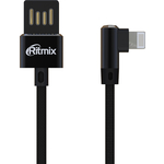 Дата-кабель USB-Apple 8pin lightning Ritmix RCC-428 Black Для зарядки и синхронизации, 1 м, Тканевая оплетка , "2A", Угловые коннекторы - 90 градусов