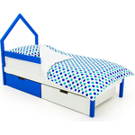Детская кровать-домик Бельмарко мини Svogen сине-белый + ящики 1 синий, 1 белый + бортик ограждение