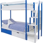 Бельмарко Детская двухярусная кровать Svogen сине-белый + ящики 1 синий, 1 белый + бортик ограждение