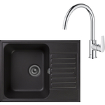 Кухонная мойка и смеситель GranFest Quarz GF-Z13, Grohe BauEdge 31367001 с сифоном, черная