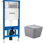 Комплект унитаза Vincea Q-Line с инсталляцией, кнопкой и сиденьем микролифт, матовый серый (VT1-12MG, VIS-601, VFP-005CH)