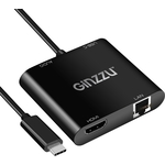 Переходник Ginzzu GC-878HVC, Type C на LAN +HDMI +Audio, кабель 25см