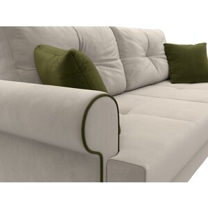 Прямой диван Лига Диванов Сплин микровельвет бежевый подушки зеленые