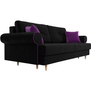 Прямой диван Лига Диванов Сплин микровельвет черный подушки фиолетовые