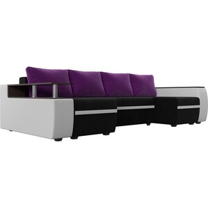 П-образный диван АртМебель Ричмонд микровельвет черный экокожа белый подушки микровельвет фиолетовый