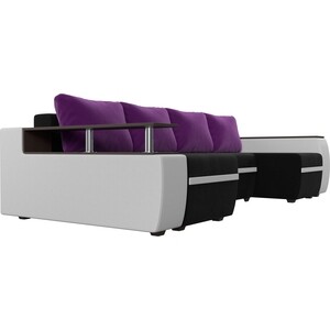 П-образный диван АртМебель Ричмонд микровельвет черный экокожа белый подушки микровельвет фиолетовый