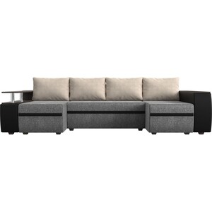 П-образный диван АртМебель Ричмонд рогожка серый/экокожа черный подушки рогожка бежевый