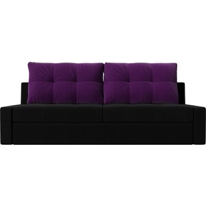 Прямой диван Лига Диванов Мартин микровельвет черный подушки фиолетовый