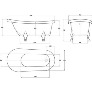 Акриловая ванна Vincea 170x75 с ножками, слив-перелив (VBT-120-1700-Cr)