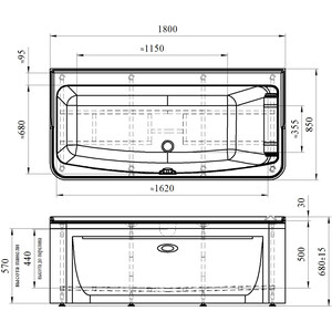 Акриловая ванна Radomir Винченцо 180х85 с каркасом, фронтальной панелью, подголовником, сливом-переливом (1-01-2-0-1-134К)