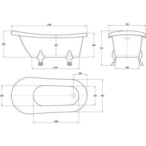 Акриловая ванна Vincea 170х75 на ножках, со сливом-переливом (VBT-120B-1700-Cr)