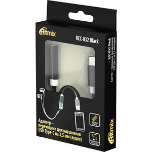 Адаптер Ritmix RCC-032 Black USB-C - Mini Jack 3.5mm (мама), Для подключения наушников с джеком 3.5 мм к мобильным телефонам с USB-C разъемам.