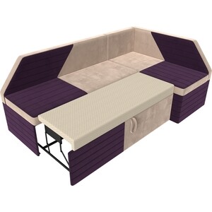 Кухонный угловой диван АртМебель Дуглас велюр бежевый фиолетовый правый угол