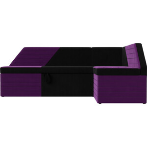 Кухонный угловой диван АртМебель Дуглас микровельвет черный фиолетовый правый угол