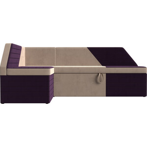Кухонный угловой диван АртМебель Дуглас велюр бежевый фиолетовый левый угол
