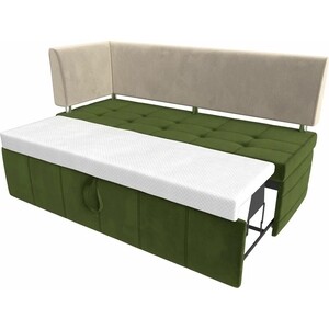 Кухонный угловой диван АртМебель Стоун микровельвет зеленый/бежевый левый угол