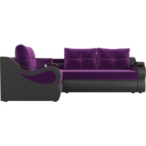 Угловой диван АртМебель Митчелл микровельвет фиолетовый экокожа черный левый угол