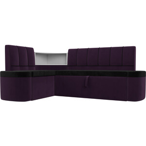 Кухонный угловой диван АртМебель Тефида велюр черный фиолетовый левый угол