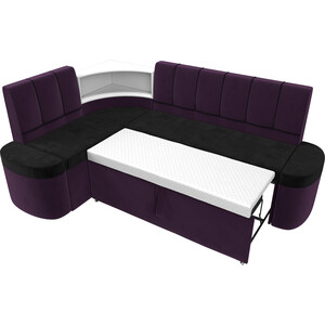 Кухонный угловой диван АртМебель Тефида велюр черный фиолетовый левый угол