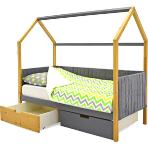 Детская кровать-домик Бельмарко мягкий Svogen дерево-графит + ящики 1 дерево, 1 графит