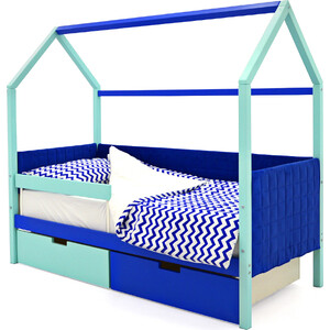 Детская кровать-домик мягкий Бельмарко Svogen мятно-синий + ящики 1 мятный, 1 синий + бортик ограждение