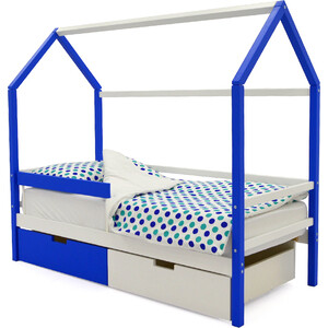 Бельмарко Детская кровать-домик Svogen сине-белый + ящики 1 синий, 1 белый + бортик ограждение