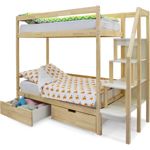 Бельмарко Детская двухярусная кровать Svogen натура (без покрытия) + ящики 2 шт
