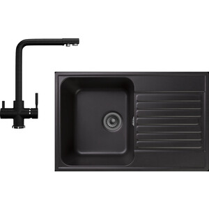 Кухонная мойка и смеситель GranFest Quarz GF-Z78, Ulgran U-016 с сифоном, черная
