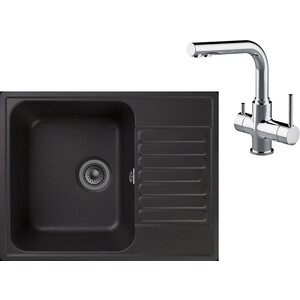 Кухонная мойка и смеситель GranFest Quarz GF-Z13, Lemark Comfort LM3061C с сифоном, черная кухонная мойка lemark lacha 620 жасмин
