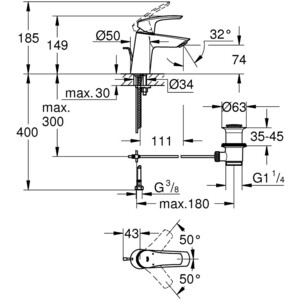 Смеситель для раковины Grohe Eurosmart с донным клапаном, хром (23965003)