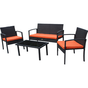 Набор мебели Garden story Бостон (стол+2кресла+диван ротанг черный, подушки оранжевые) набор садовой мебели lori kj z1002 искусственный ротанг коричневый диван стол кресло с подушками
