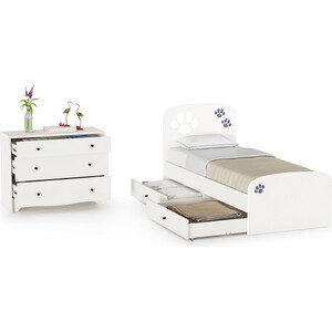 Комплект Моби Томас кровать с ящиками + комод белый (тиснение поры дерева)/фасады МДФ ясень ваниль 80х190