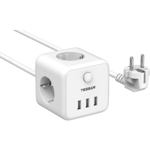 Сетевой фильтр TESSAN TS-301 с кнопкой питания на 3 розетки и 3 USB, White