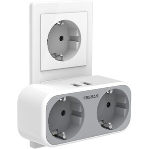 Сетевой фильтр TESSAN TS-321-DE с кнопкой питания на 2 розетки и 2 USB, Grey