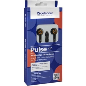 Гарнитура для смартфонов Defender Pulse 420 черный + оранжевый, вставки (63420)