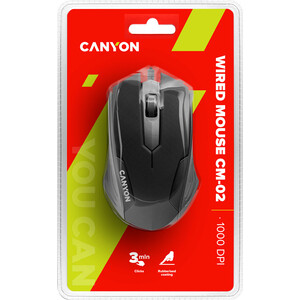 Мышь Canyon CM-02 wired optical Mouse with 3 buttons, DPI 1000, Black, cable length 1.25m, 120*70*35mm, 0.07kg (CNE-CMS02B)