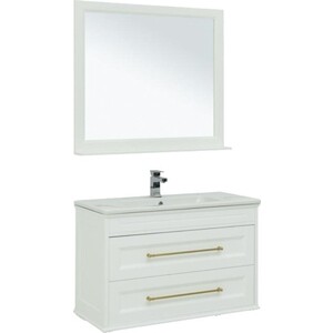 Мебель для ванной Aquanet Бостон М 100 Эйфория белая матовая, ручки золото зеркало шкаф mixline крит 55 патина золото 4640030868292