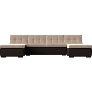 АртМебель П-образный модульный диван Монреаль велюр бежевый экокожа коричневый